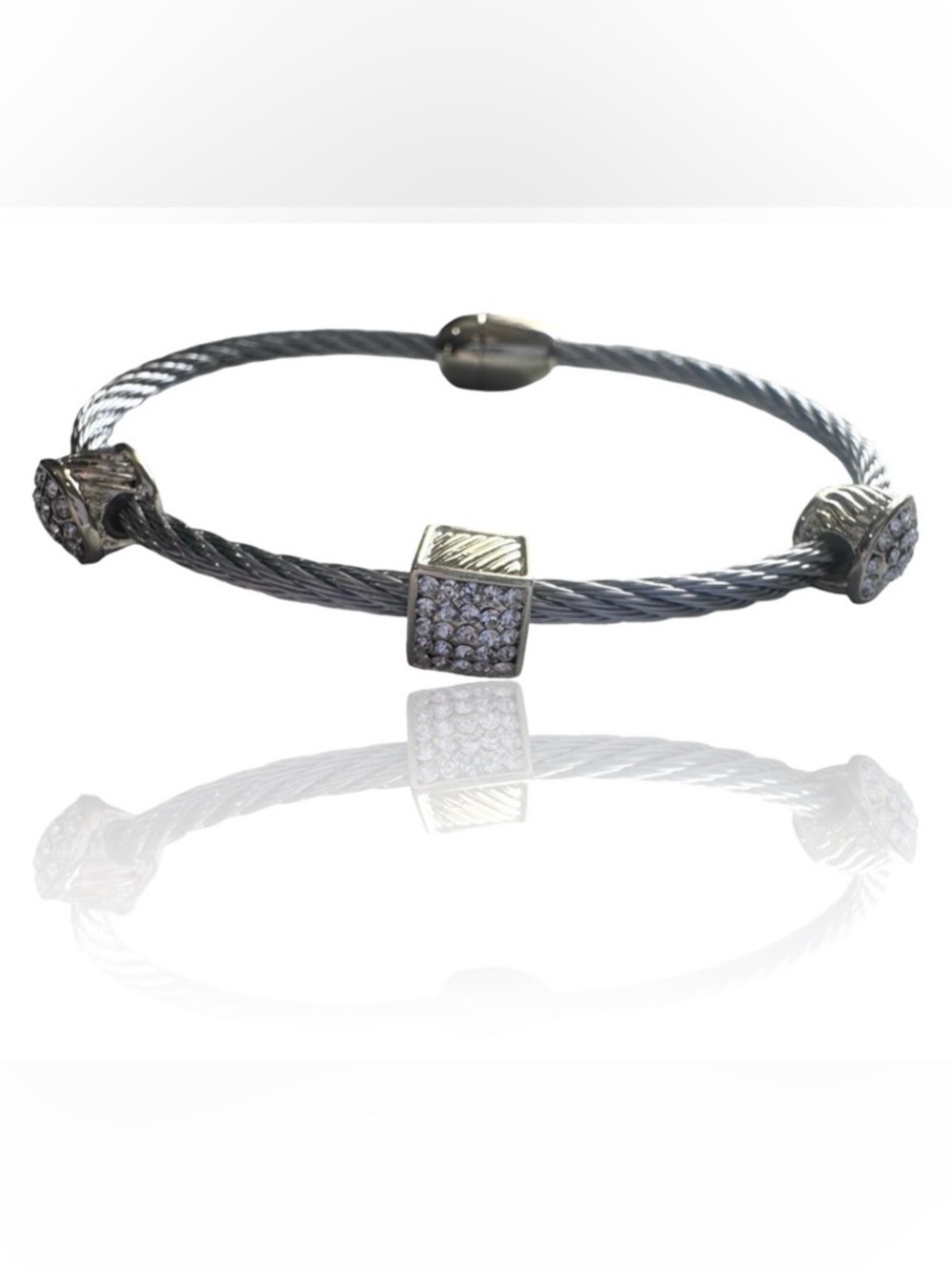 Dyana Double Cable Square, Oval Rhinestones Bracelet Silver Magnetic NEW LV